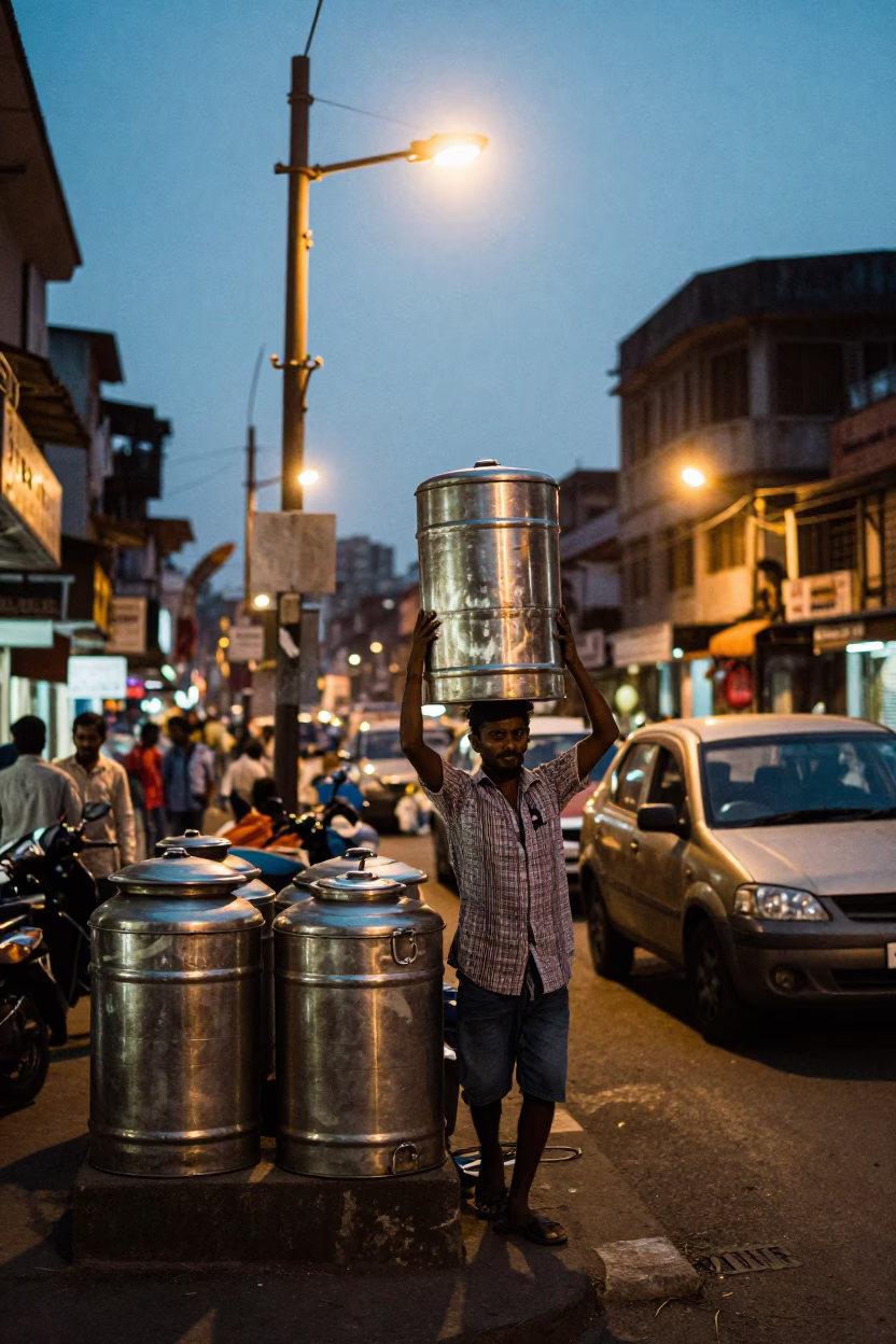 Busy Mumbai Street Corner at Dusk with Tiffin Tin and Local Vendor in in Mumbai, India
