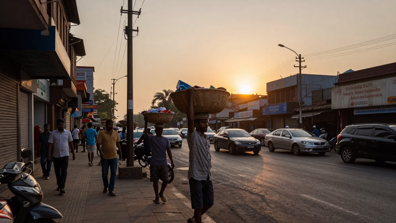 Busy Mumbai Street Corner at Sunset with Basket Tray and Mug in in Mumbai, India