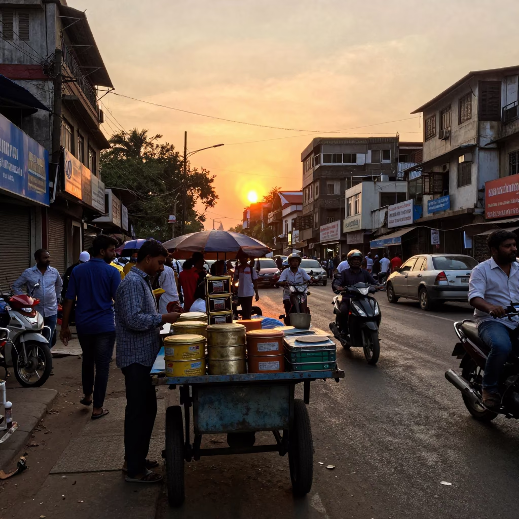 Busy Mumbai Street Corner at Sunset with Vintage Items and Local Life in in Mumbai, India