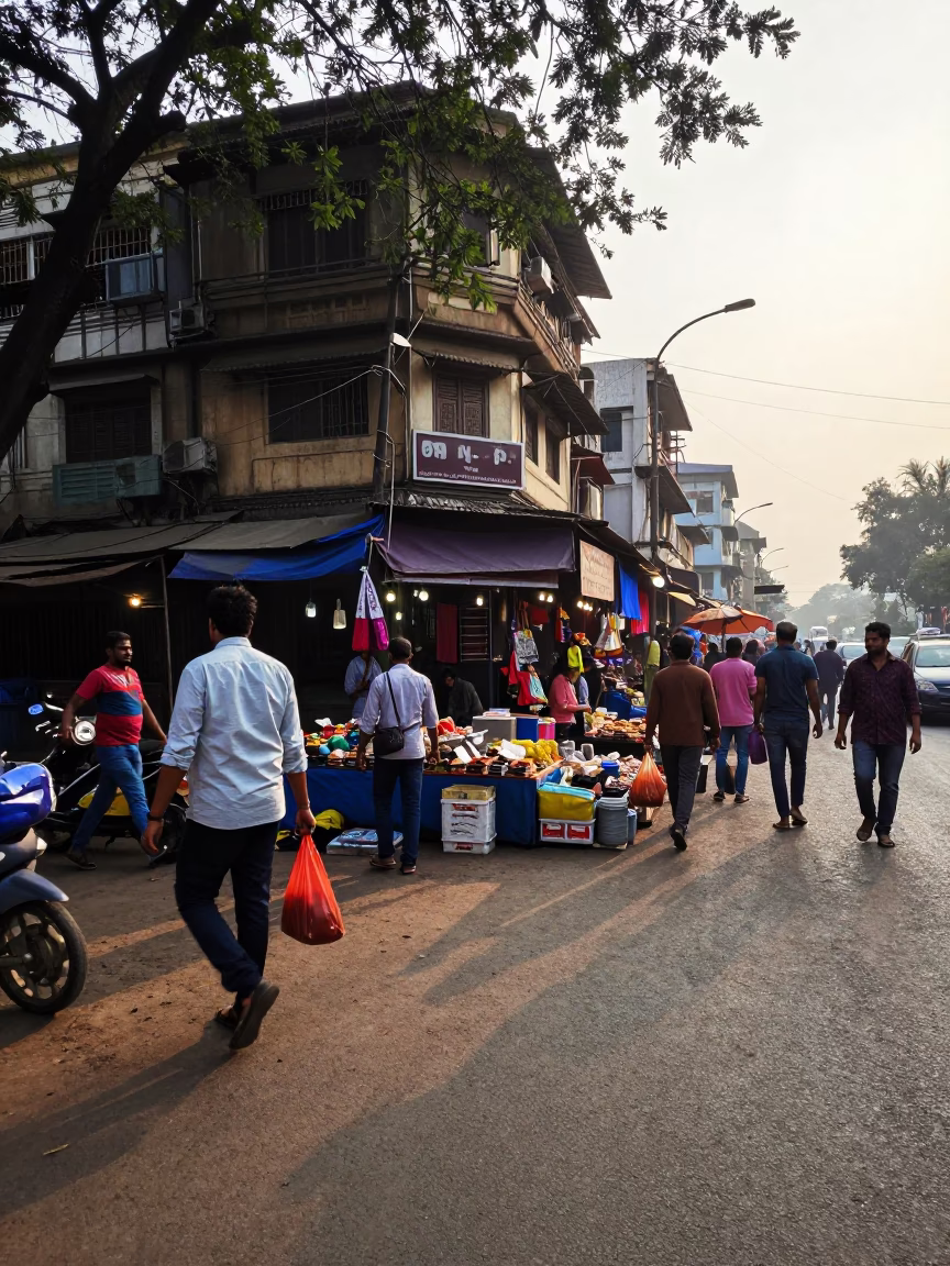 Busy Mumbai Street Corner Early Morning Market Scene with Local Vendor and Pedestrians in in Mumbai, India