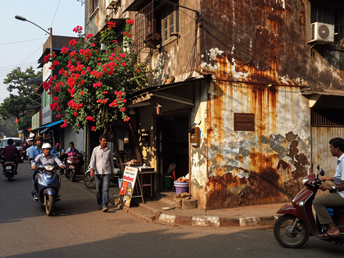 Busy Mumbai Street Corner Late Morning with Rusty Walls and Plumbago Hedge in in Mumbai, India