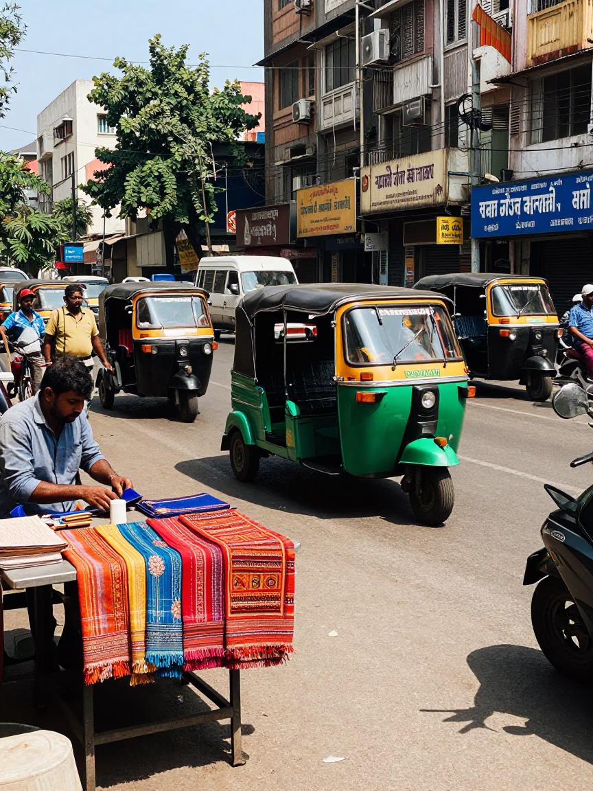 Busy Mumbai street corner midday with auto rickshaw and hanging clothes in in Mumbai, India