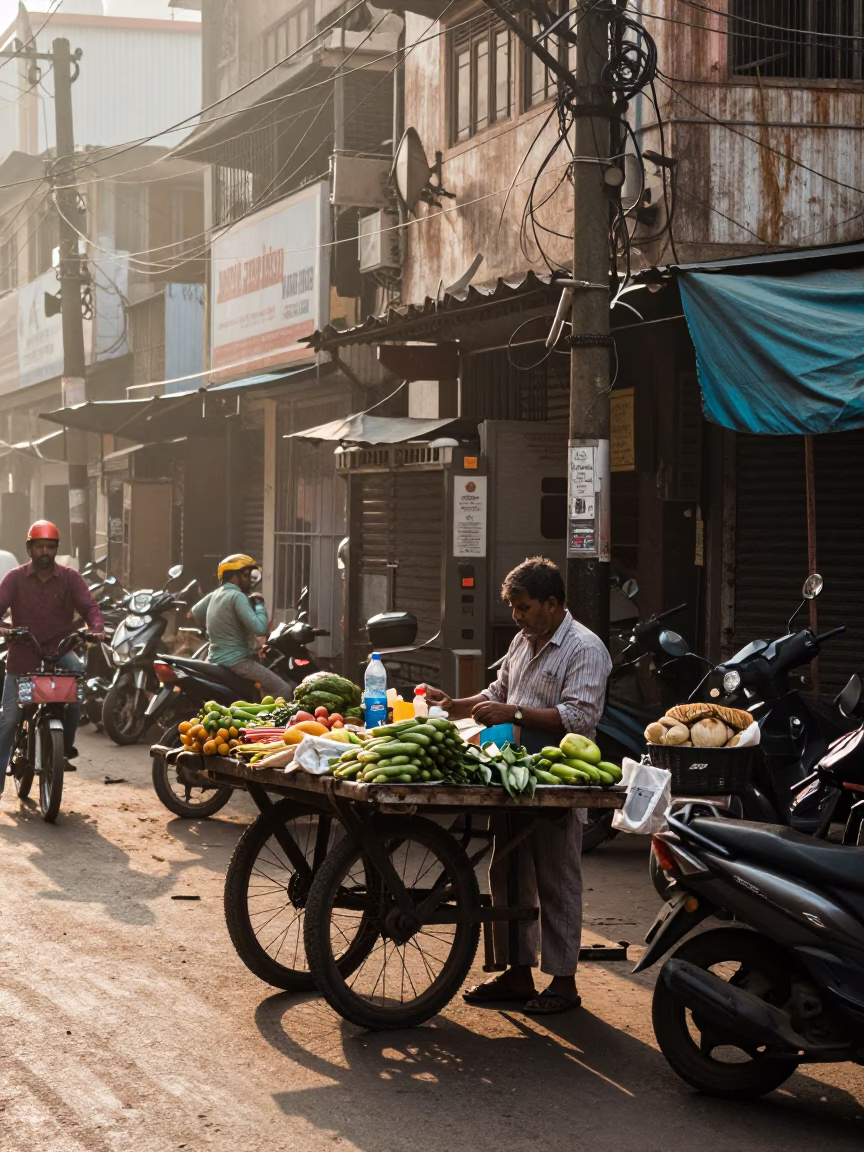 Busy Mumbai Street Corner Morning Light with Local Vendor and Urban Details in in Mumbai, India