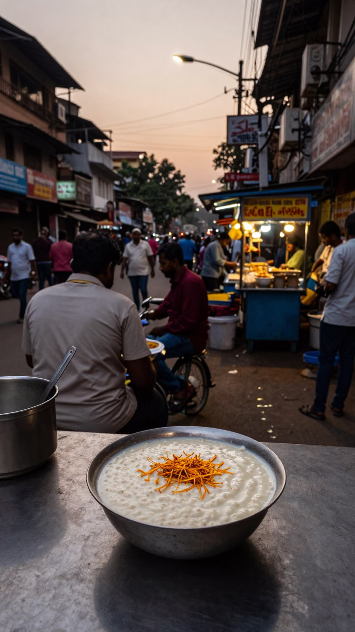 Busy Mumbai Street Corner with Food Stall and Evening Light in in Mumbai, India