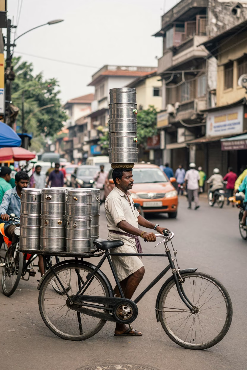 Busy Mumbai Street Corner with Tiffin Carrier and Bicycle Basket in in Mumbai, India