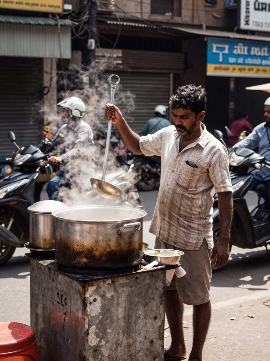 Busy Mumbai Street Corner with Vendor Ladle and Wrench in Bright Midmorning Light in in Mumbai, India