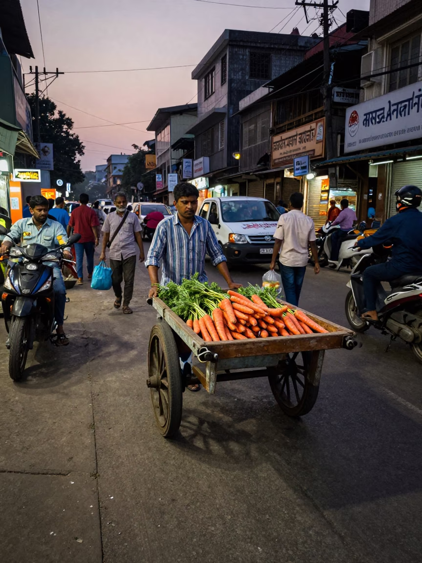 Busy Mumbai Street Evening with Caster Wheel and Carrots in Local Market in in Mumbai, India