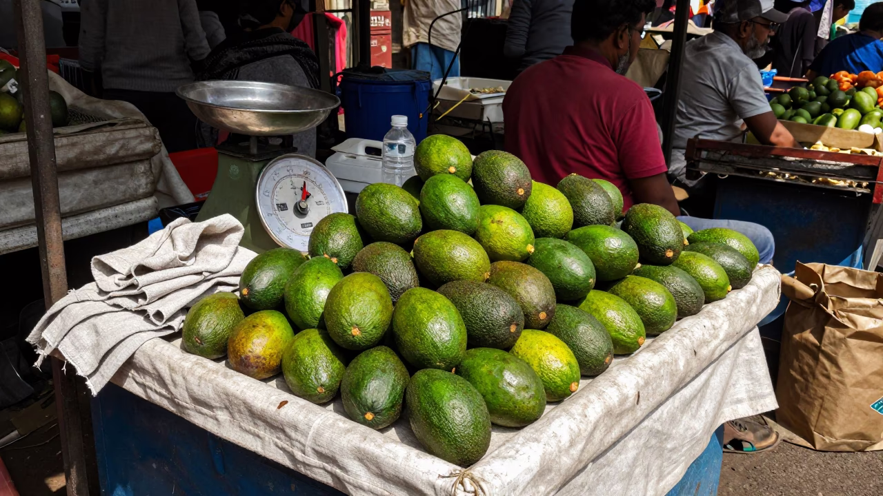 Busy Mumbai Street Market Stall with Avocados and Linen Napkin Under Noon Sun in in Mumbai, India