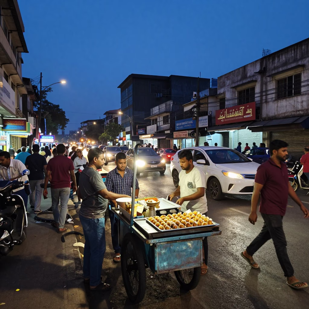 Busy Mumbai Street Scene at Blue Hour with Food Vendors and Traffic in in Mumbai, India