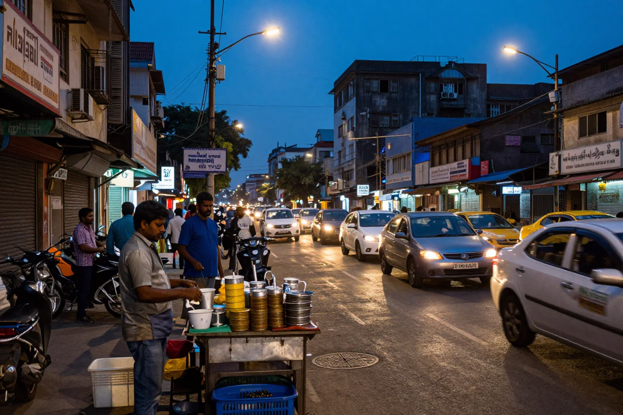 Busy Mumbai Street Scene at Blue Hour with Tea Vendor and Traffic in in Mumbai, India
