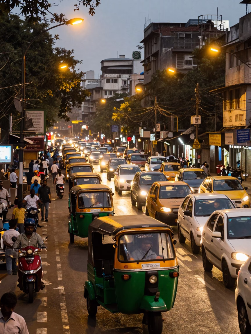 Busy Mumbai Street Scene at Dusk with Auto Rickshaws and Local Traffic in in Mumbai, India