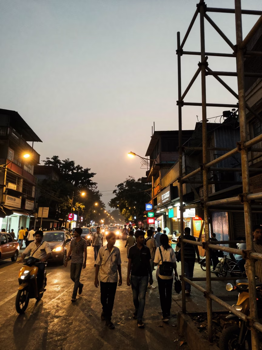 Busy Mumbai street scene at dusk with scaffolding and evening activity in in Mumbai, India