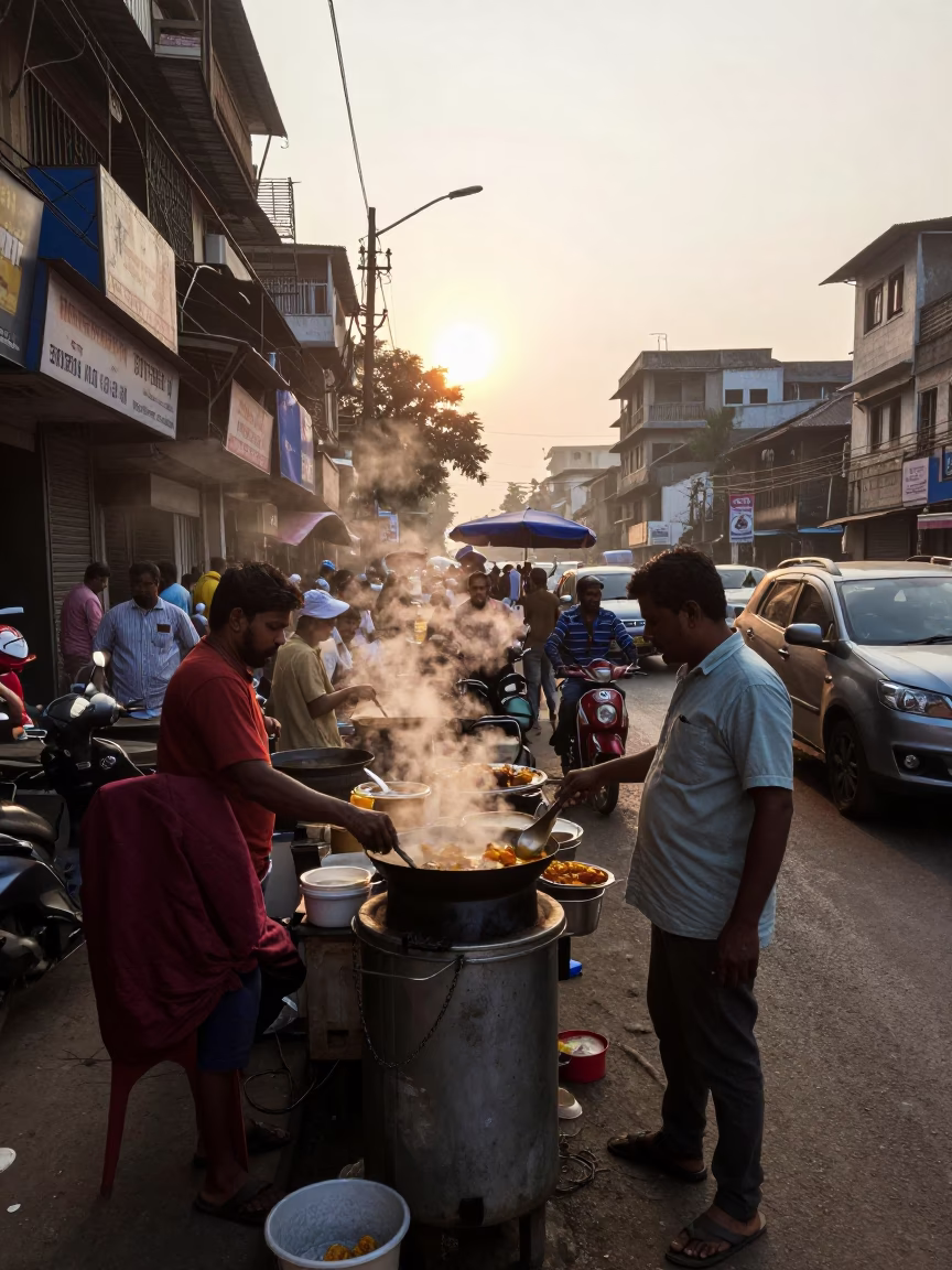 Busy Mumbai street scene at first light dawn with local food vendor and pedestrians in in Mumbai, India