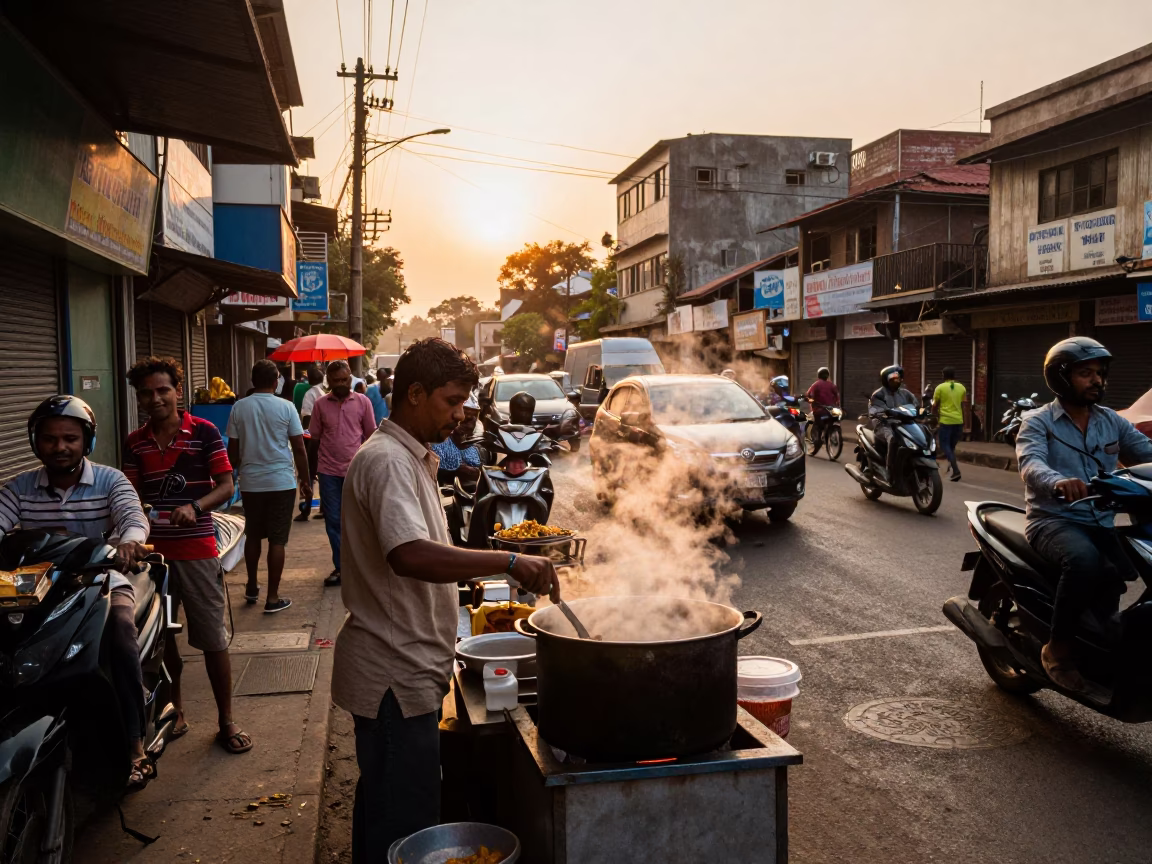 Busy Mumbai Street Scene at Golden Hour with Local Vendors and Commuters in in Mumbai, India