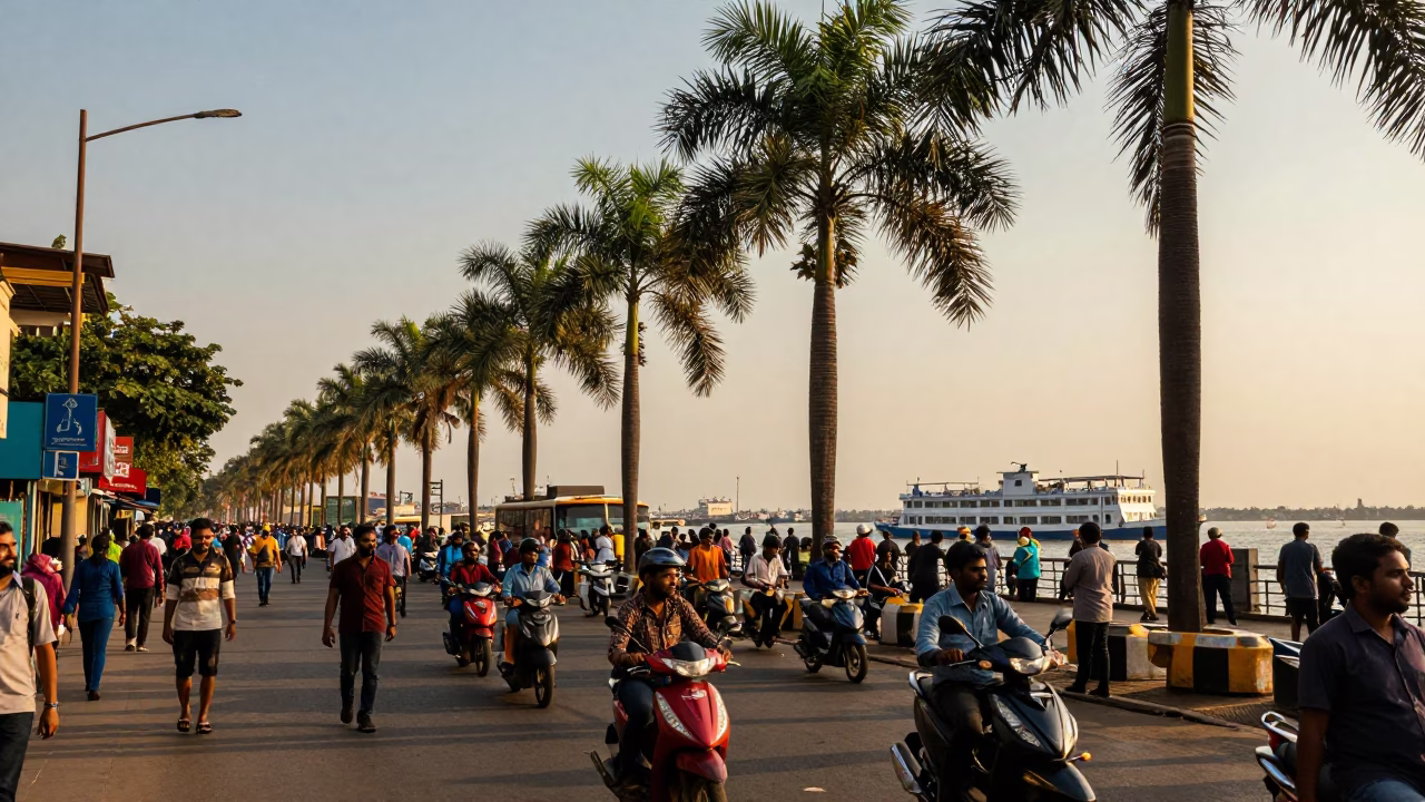 Busy Mumbai Street Scene at Golden Hour with Palm Trees and Local Life in in Mumbai, India