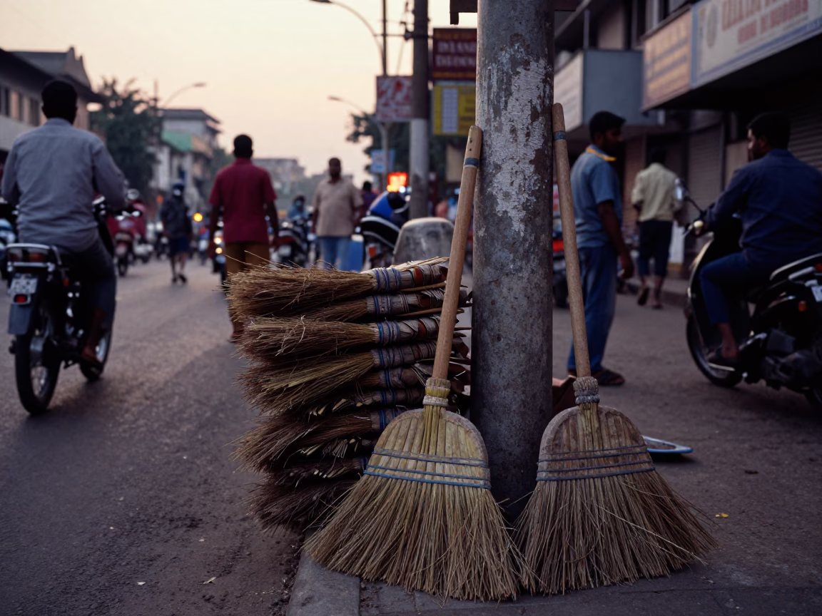 Busy Mumbai Street Scene at Nautical Dawn with Brooms and Books in in Mumbai, India