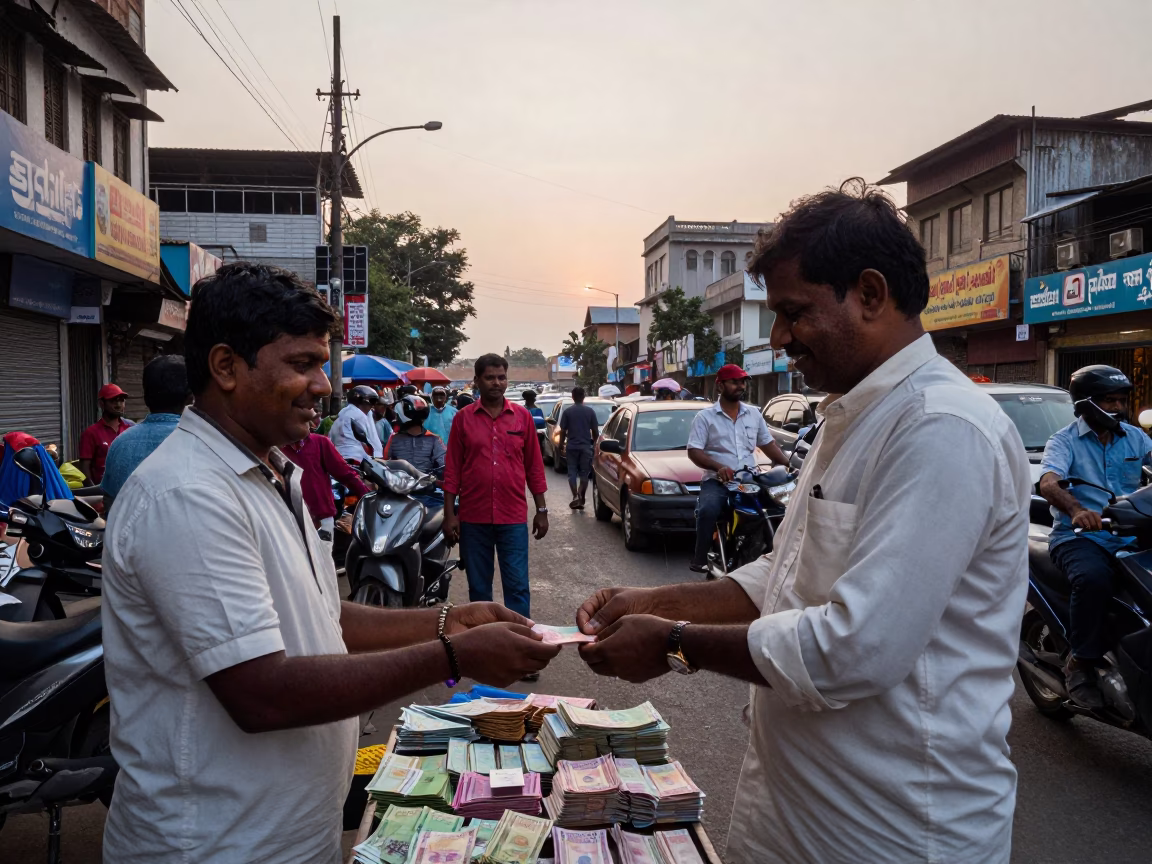 Busy Mumbai Street Scene at Nautical Dawn with Local Vendor and Pedestrians in in Mumbai, India