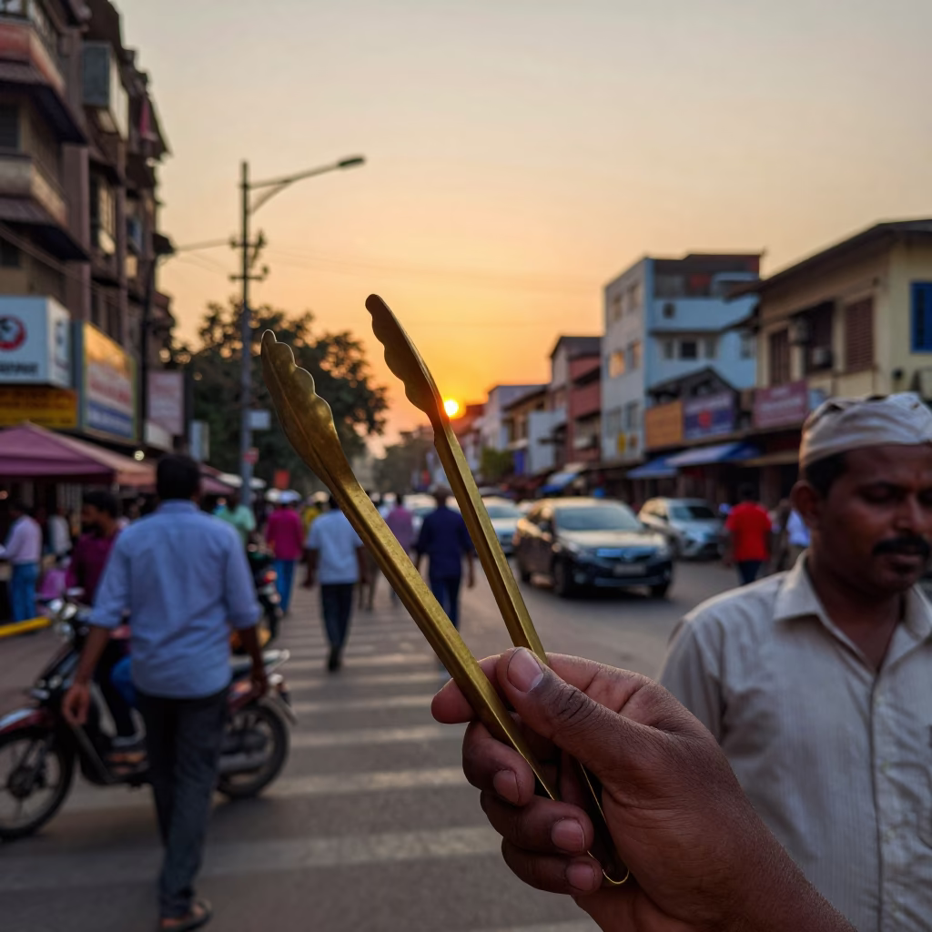 Busy Mumbai street scene at sunset with brass tongs and bustling traffic in in Mumbai, India