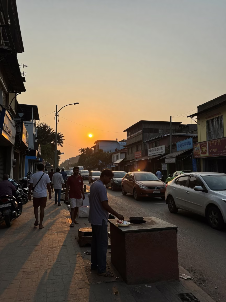Busy Mumbai Street Scene at Sunset with Clay Oven and Thermos in in Mumbai, India