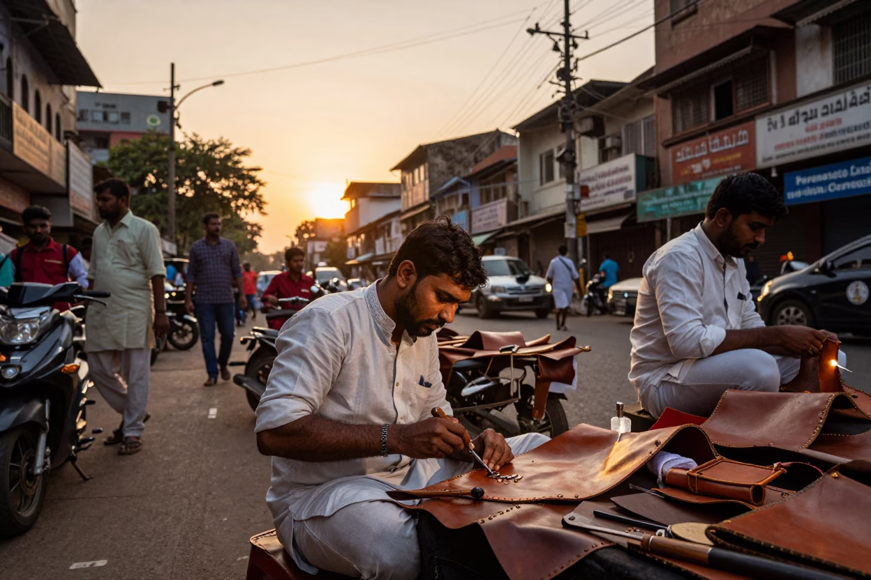 Busy Mumbai Street Scene at Sunset with Traditional Leather Craft and Urban Life in in Mumbai, India