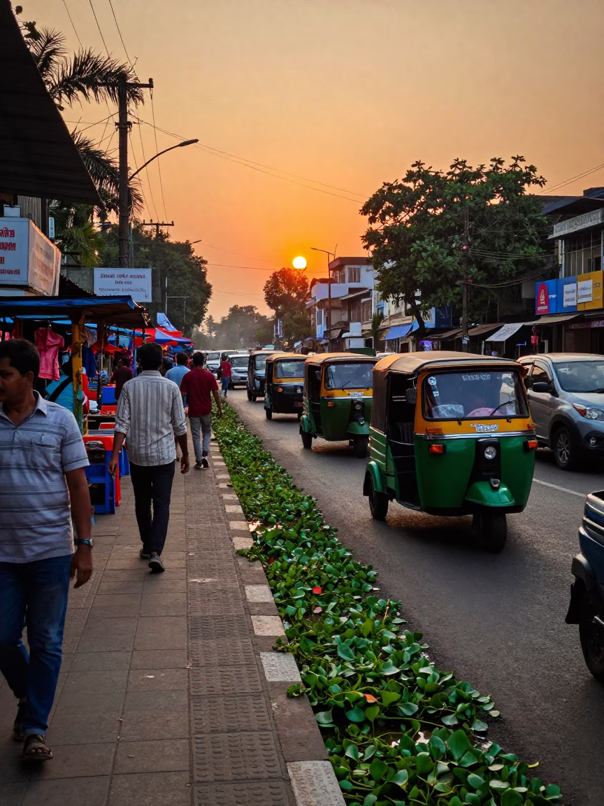 Busy Mumbai Street Scene at Sunset with Water Hyacinth and Urban Life in in Mumbai, India
