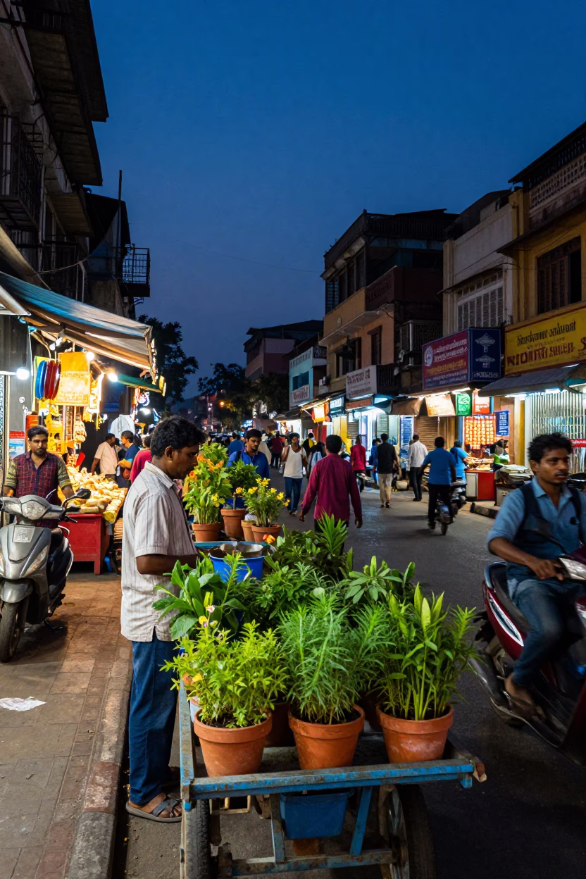 Busy Mumbai Street Scene at Twilight with Colorful Shopfronts and Local Commerce in in Mumbai, India