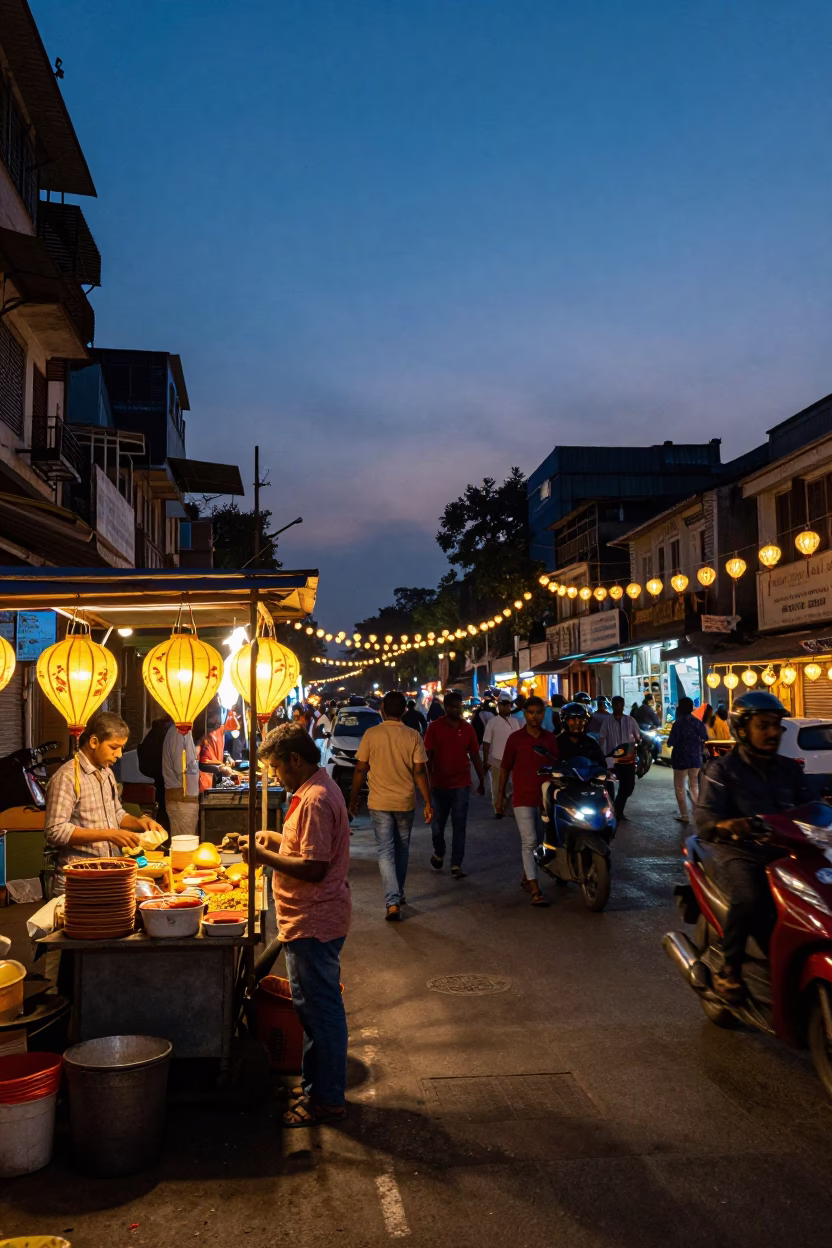 Busy Mumbai Street Scene at Twilight with Lanterns and Local Activity in in Mumbai, India