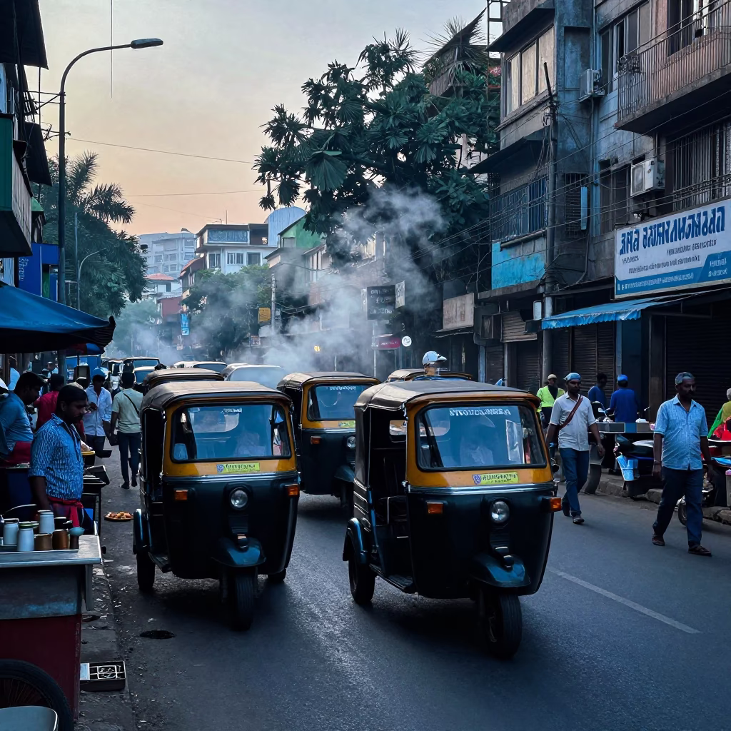 Busy Mumbai Street Scene Before Sunrise with Auto Rickshaws and Morning Commuters in in Mumbai, India