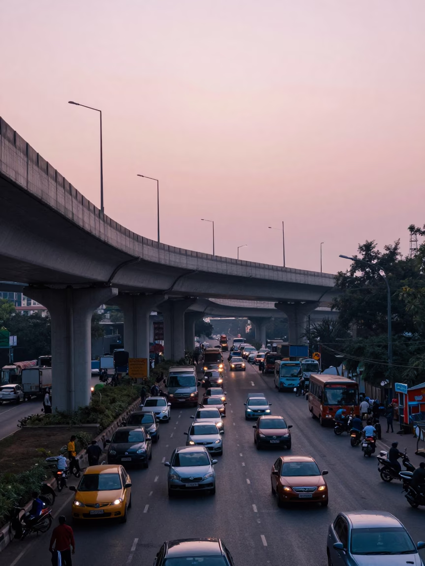 Busy Mumbai Street Scene Before Sunrise with Overhead Flyover and Daily Commute in in Mumbai, India