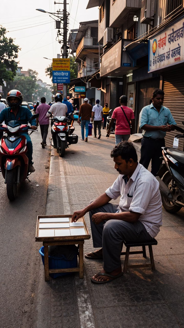 Busy Mumbai Street Scene Early Afternoon with Vendor and Vintage Items in in Mumbai, India