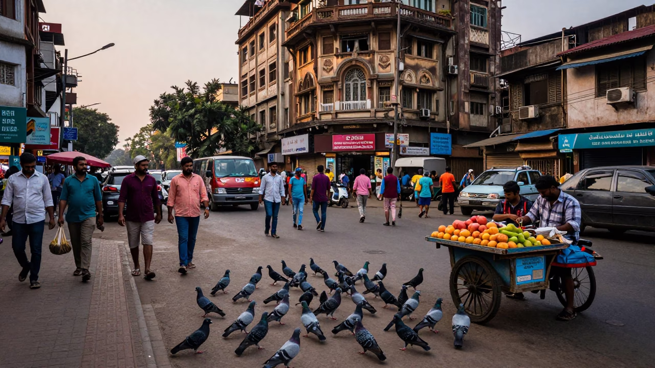 Busy Mumbai Street Scene Early Evening with Pigeons and Local Vendors in in Mumbai, India