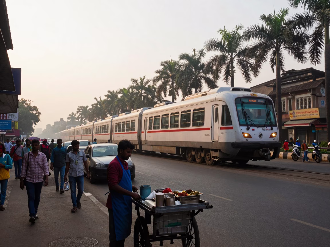 Busy Mumbai Street Scene Early Morning with Monorail and Local Vendor in in Mumbai, India