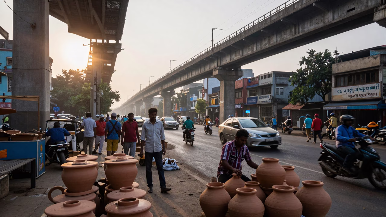 Busy Mumbai Street Scene Early Morning with Stoneware Crocks and Railway Viaduct in in Mumbai, India