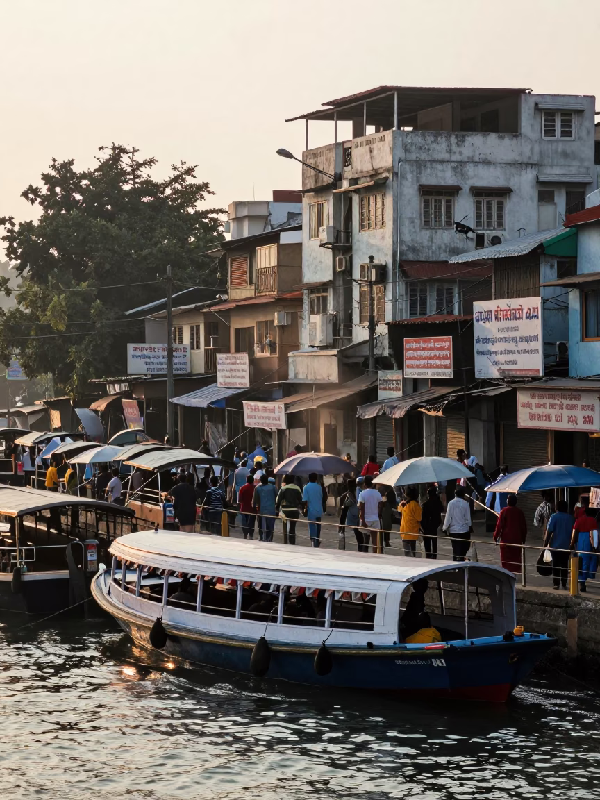 Busy Mumbai Street Scene in First Light with Water Taxi Dock and Morning Fog in in Mumbai, India
