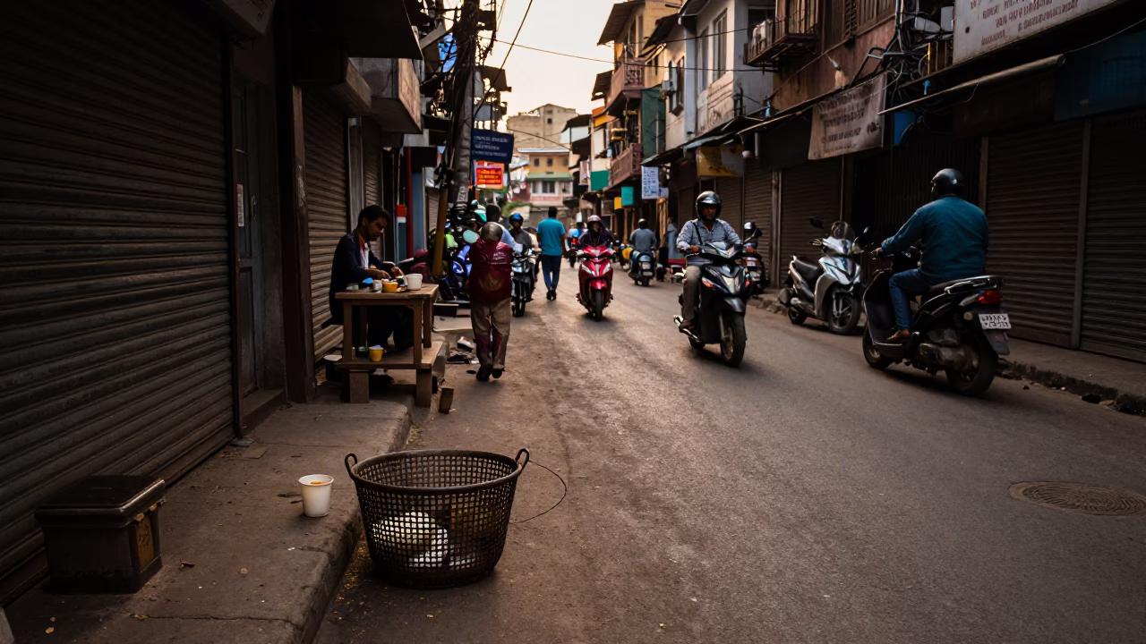 Busy Mumbai Street Scene in Honeyed Evening Light with Scrap Basket and Concrete Viaduct in in Mumbai, India
