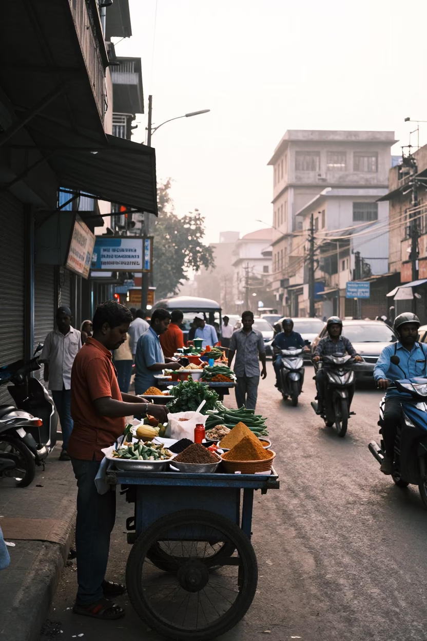 Busy Mumbai Street Scene Just After Sunrise with Local Commerce and Daily Life in in Mumbai, India