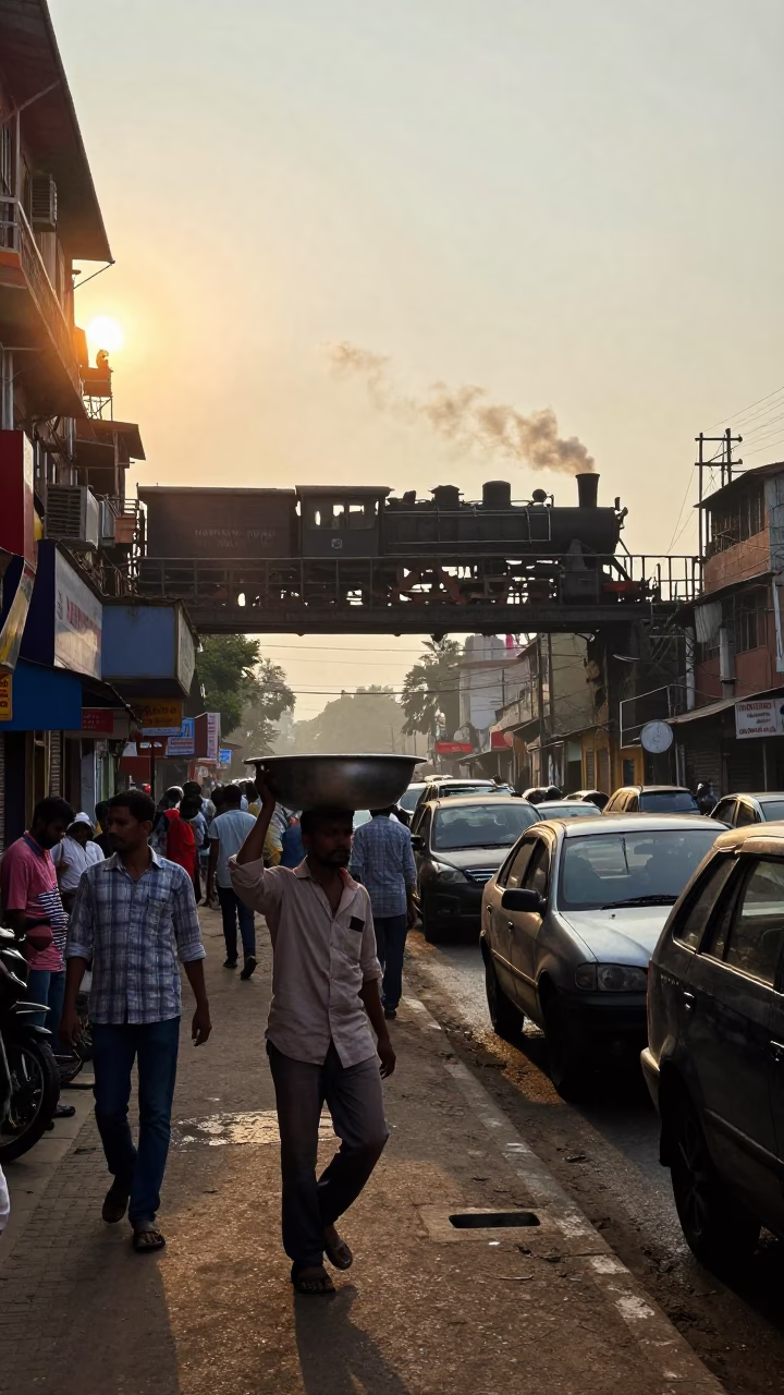 Busy Mumbai Street Scene Just After Sunrise with Steam Locomotive and Local Market Activity in in Mumbai, India