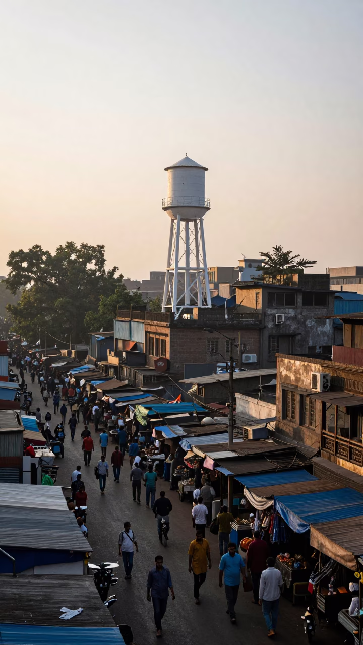Busy Mumbai Street Scene Just After Sunrise with Water Tower on Rooftop in in Mumbai, India