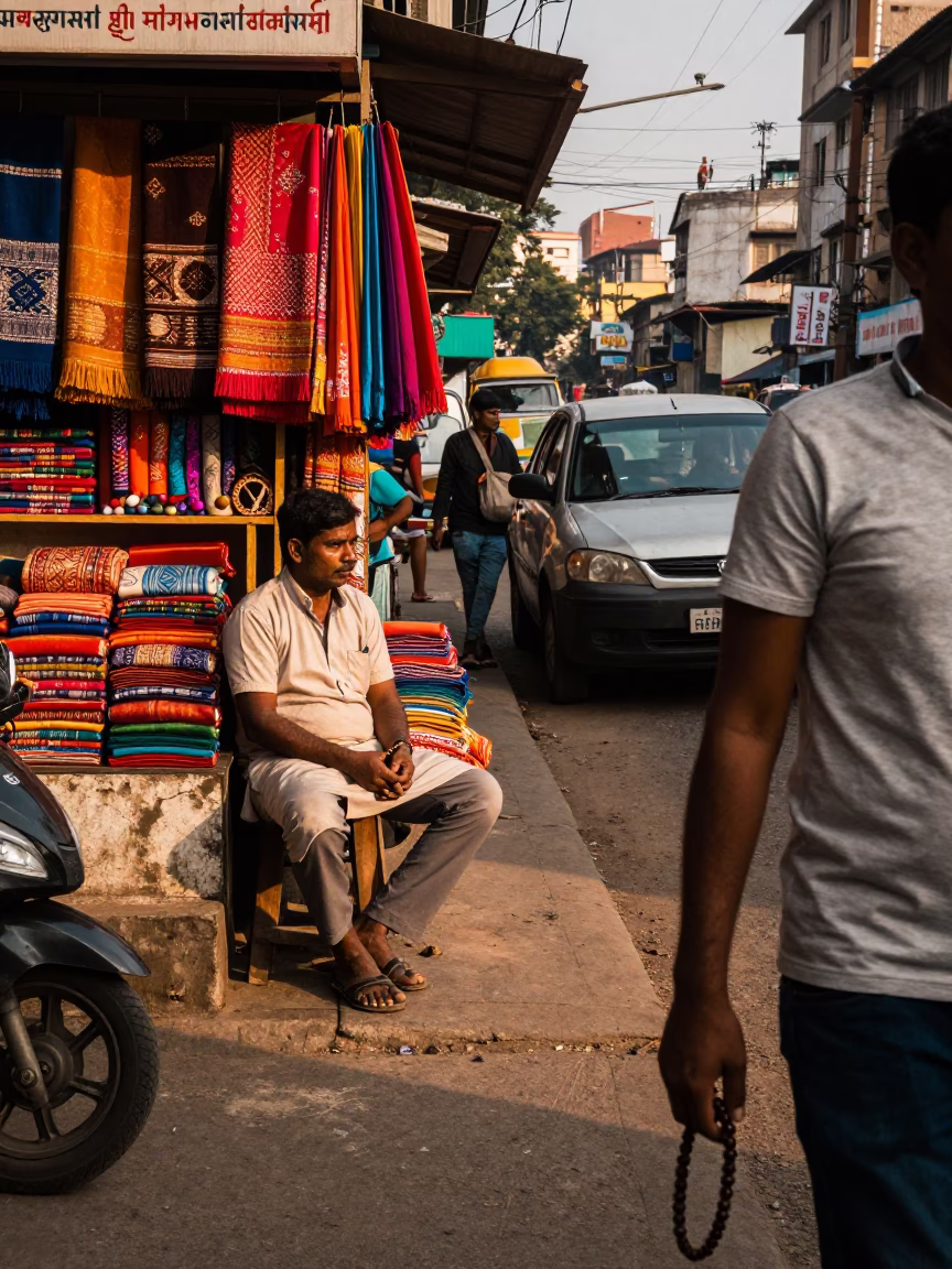 Busy Mumbai Street Scene Late Afternoon with Prayer Beads and Local Commerce in in Mumbai, India