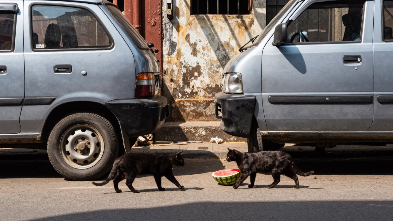 Busy Mumbai Street Scene with Black Cat and Watermelon Truck in Bright Midmorning Light in in Mumbai, India