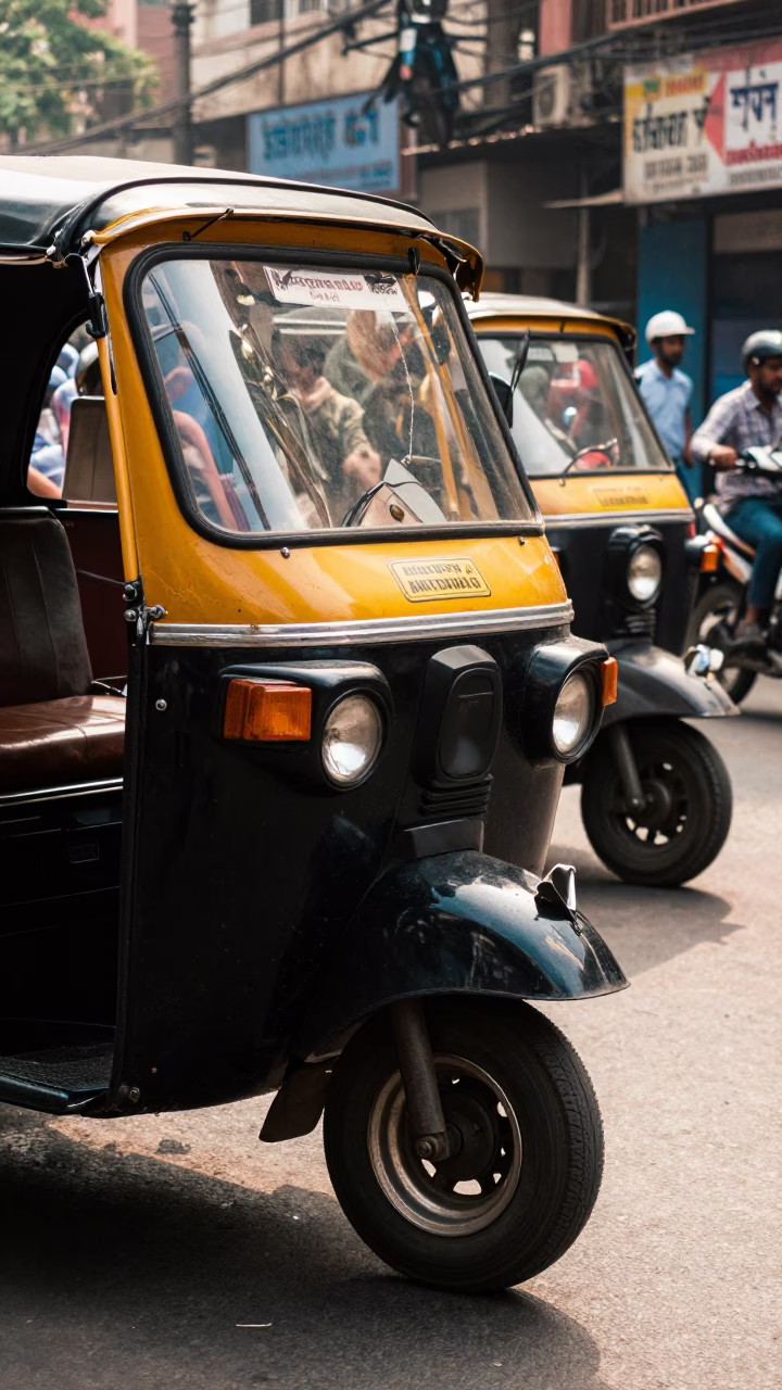 Busy Mumbai Street Scene with Brushed Steel Rim and Bell in Late Morning Light in in Mumbai, India