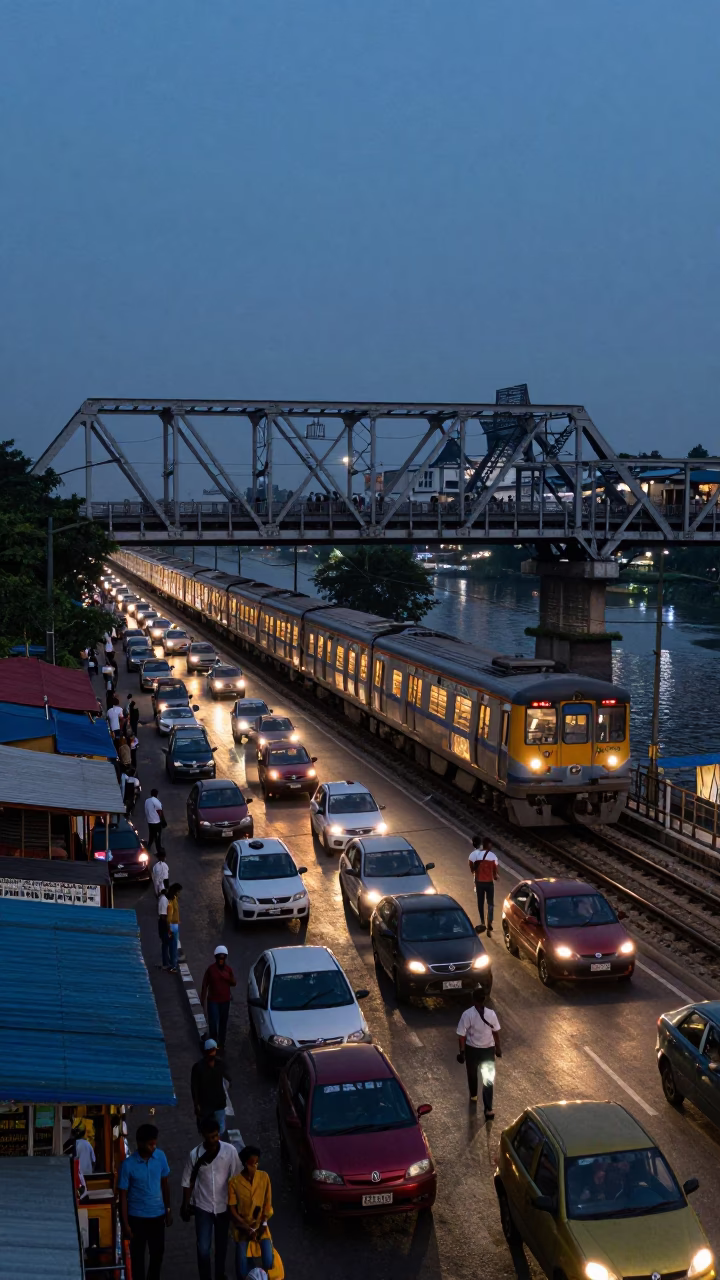 Busy Mumbai Street Scene with Commuter Train Crossing Bridge at Blue Hour Early Evening in in Mumbai, India