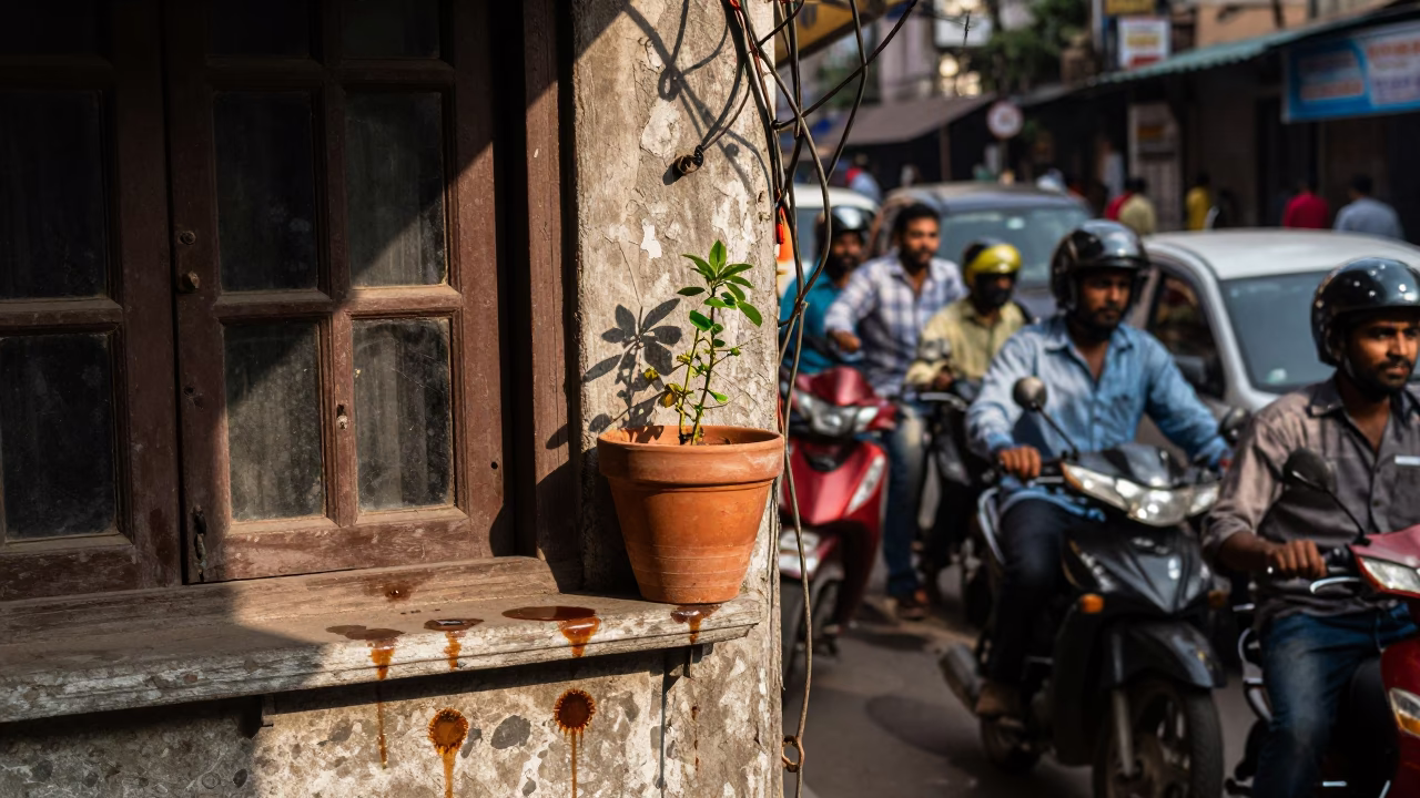 Busy Mumbai Street Scene with Flowerpot and Tea Stains in Late Morning Light in in Mumbai, India