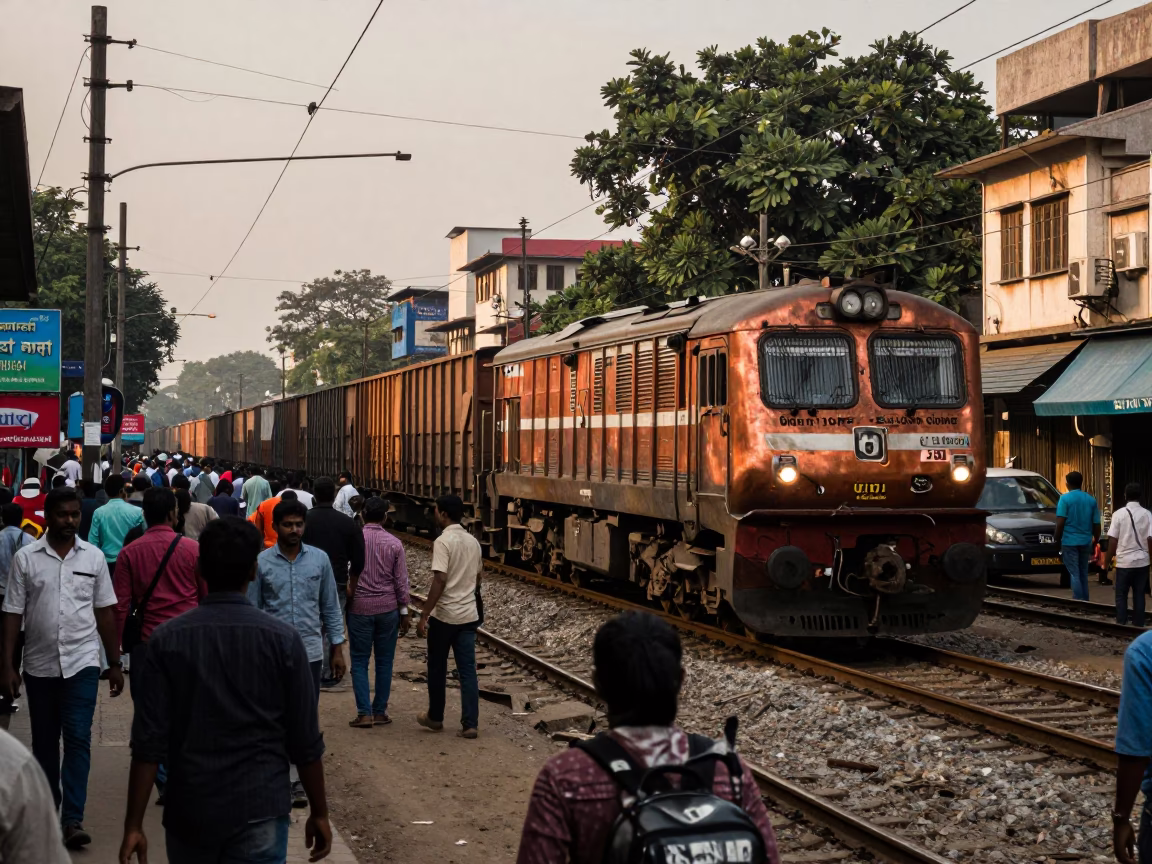 Busy Mumbai Street Scene with Freight Train and Copper Dusk Light in India in in Mumbai, India