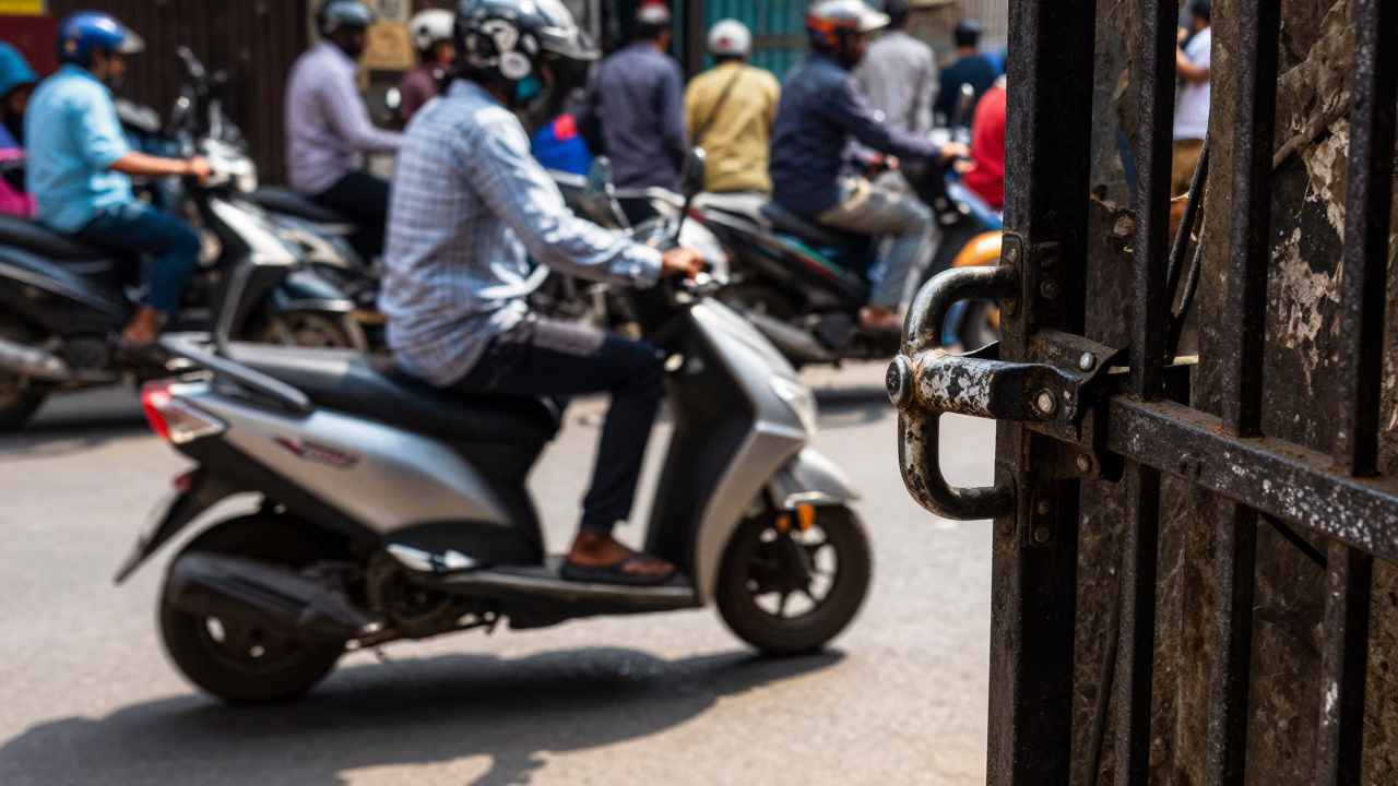 Busy Mumbai Street Scene with Scooter and Gate Handle in Bright Midmorning Light in in Mumbai, India