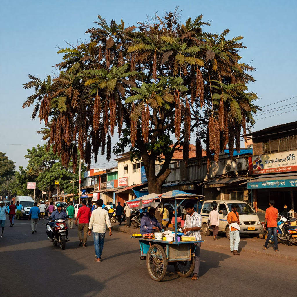 Busy Mumbai Street Scene with Tamarind Tree and Local Commerce in Late Afternoon in in Mumbai, India