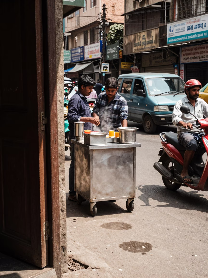 Busy Mumbai Street Scene with Tea Stains and Urban Activity in Bright Midmorning Light in in Mumbai, India