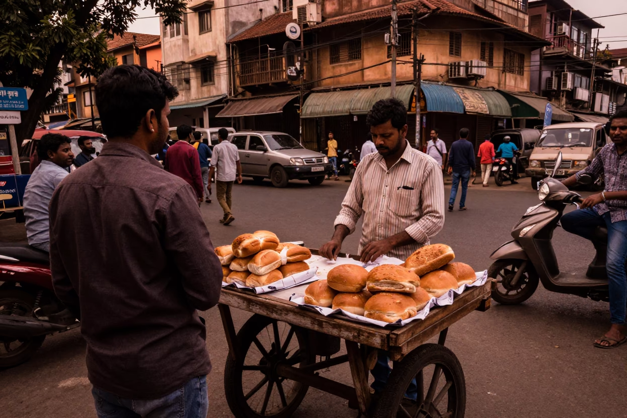 Busy Mumbai Street Scene with Vintage Bread and Local Craftsmanship in Copper Dusk Light in in Mumbai, India