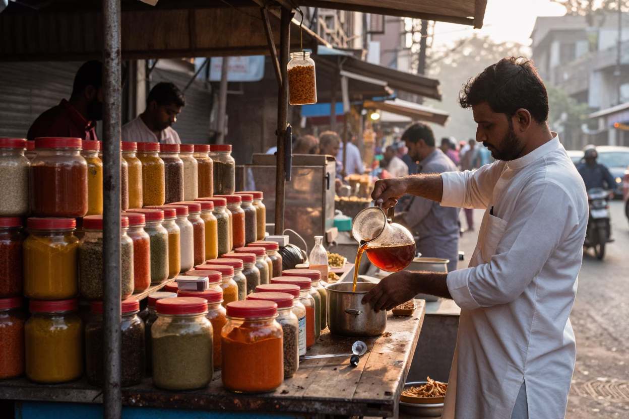 Busy Mumbai Street Stall at Dawn with Spice Jars and Glassware in in Mumbai, India
