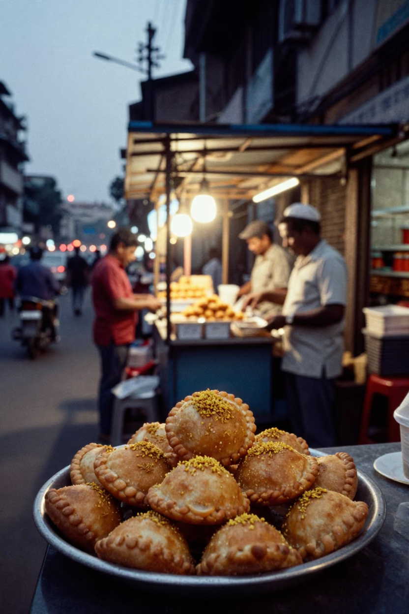 Busy Mumbai Street Stall at Dusk with Cardamom Mandazi and Pomegranates in in Mumbai, India